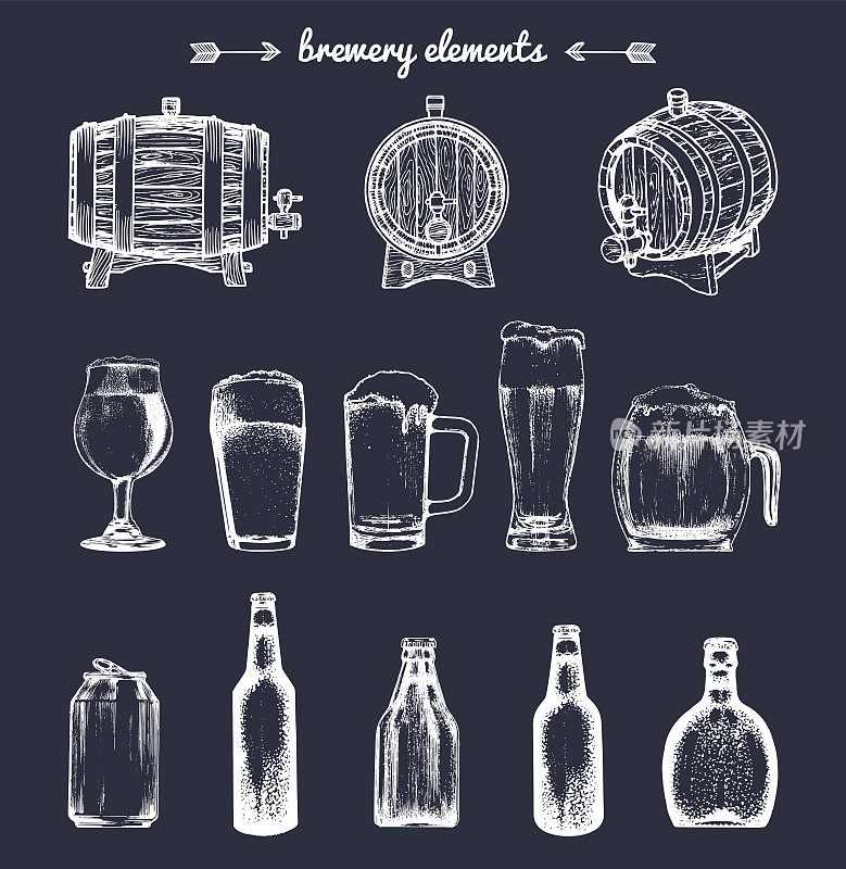 向量集的vintage brewery元素。收集啤酒，啤酒，啤酒标志。桶、瓶等素描图。